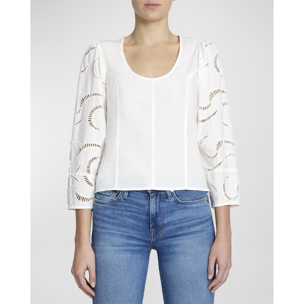 7 For All Mankind Eyelet Baloon Sleeve Top Womens XS White Cottage Boho